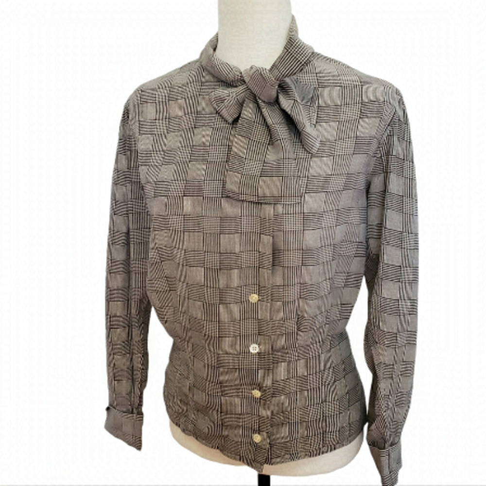 David Lawrence 100% silk Black and White Checkered Blouse